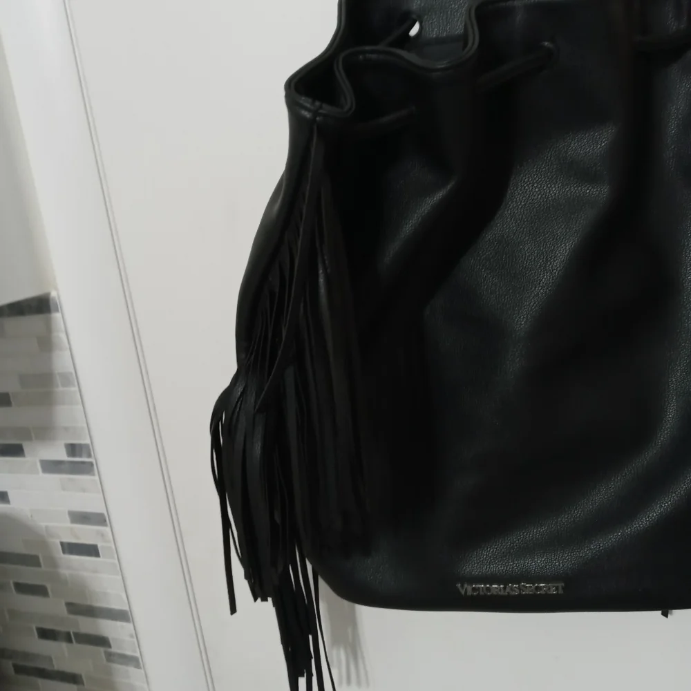Victoria Secret black Drawstring Backpack With Fringe down both sides - Picture 2 of 13